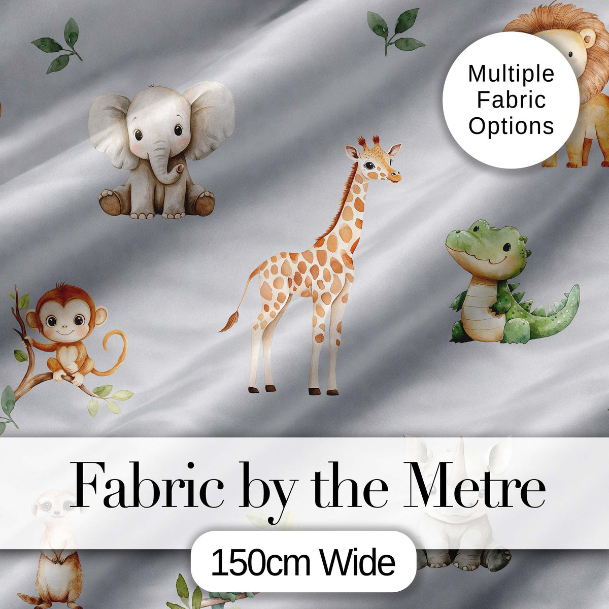 Safari Animals with Elephant Lion and Crocodile on Cool Grey Background Digital Print Fabric by the Metre UK Sewing Quilting Textile