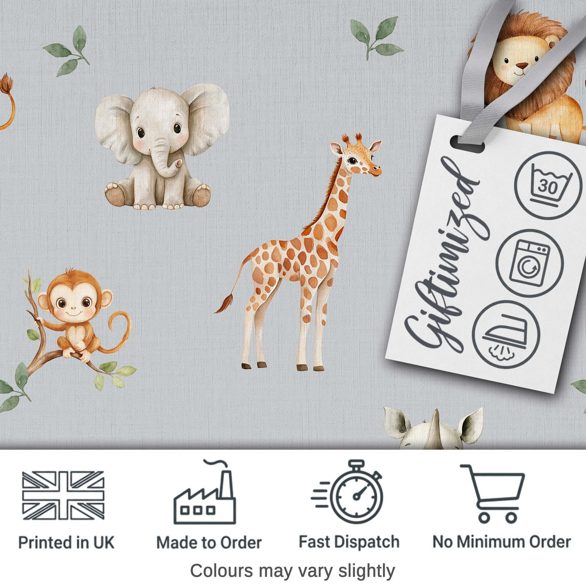 Safari Animals with Elephant Lion and Crocodile on Cool Grey Background Digital Print Fabric by the Metre UK Sewing Quilting Textile