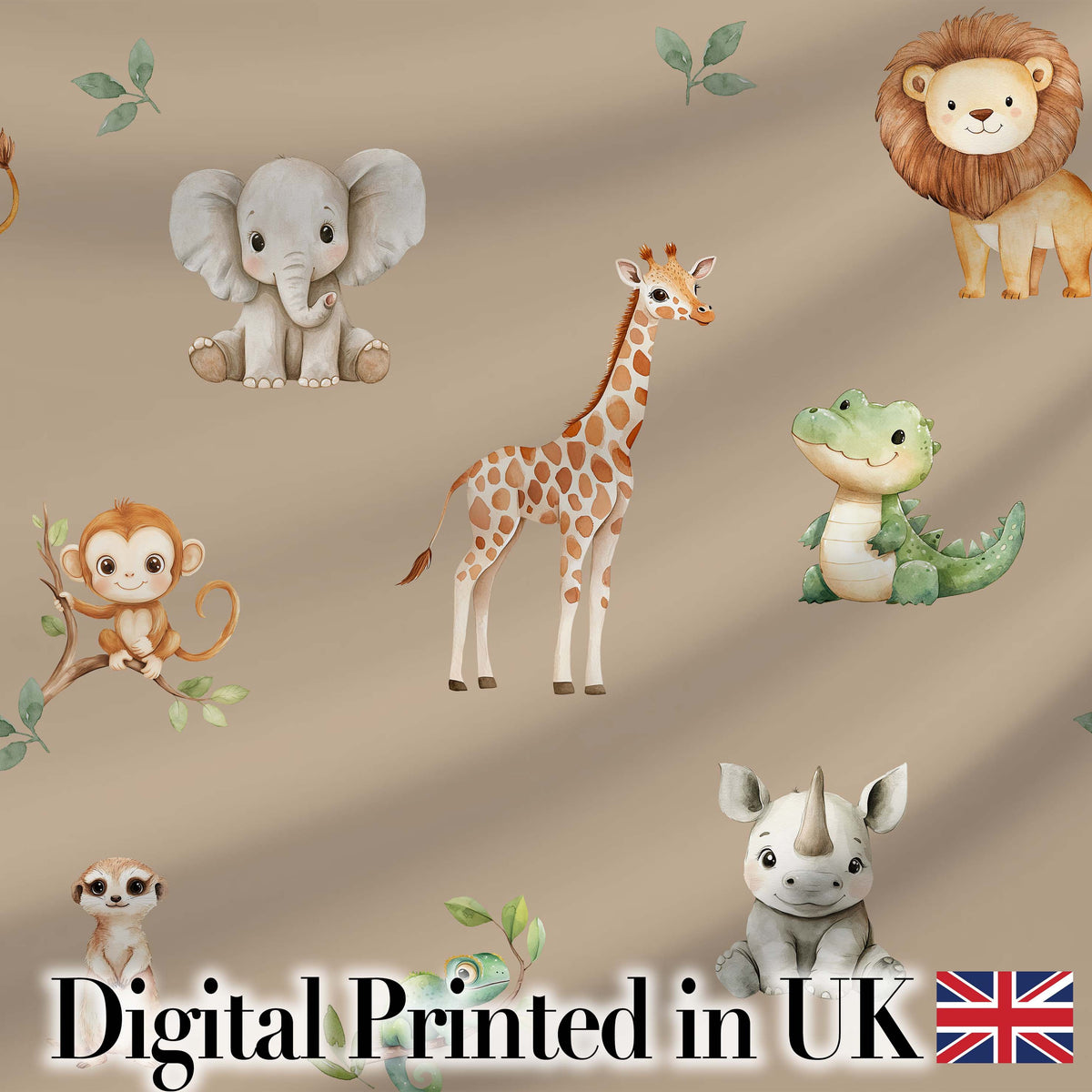 Safari Animals with Elephant Lion and Crocodile on Warm Beige Background Digital Print Fabric by the Metre UK Sewing Quilting Textile