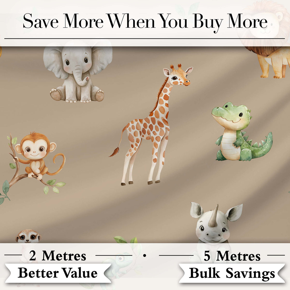 Safari Animals with Elephant Lion and Crocodile on Warm Beige Background Digital Print Fabric by the Metre UK Sewing Quilting Textile