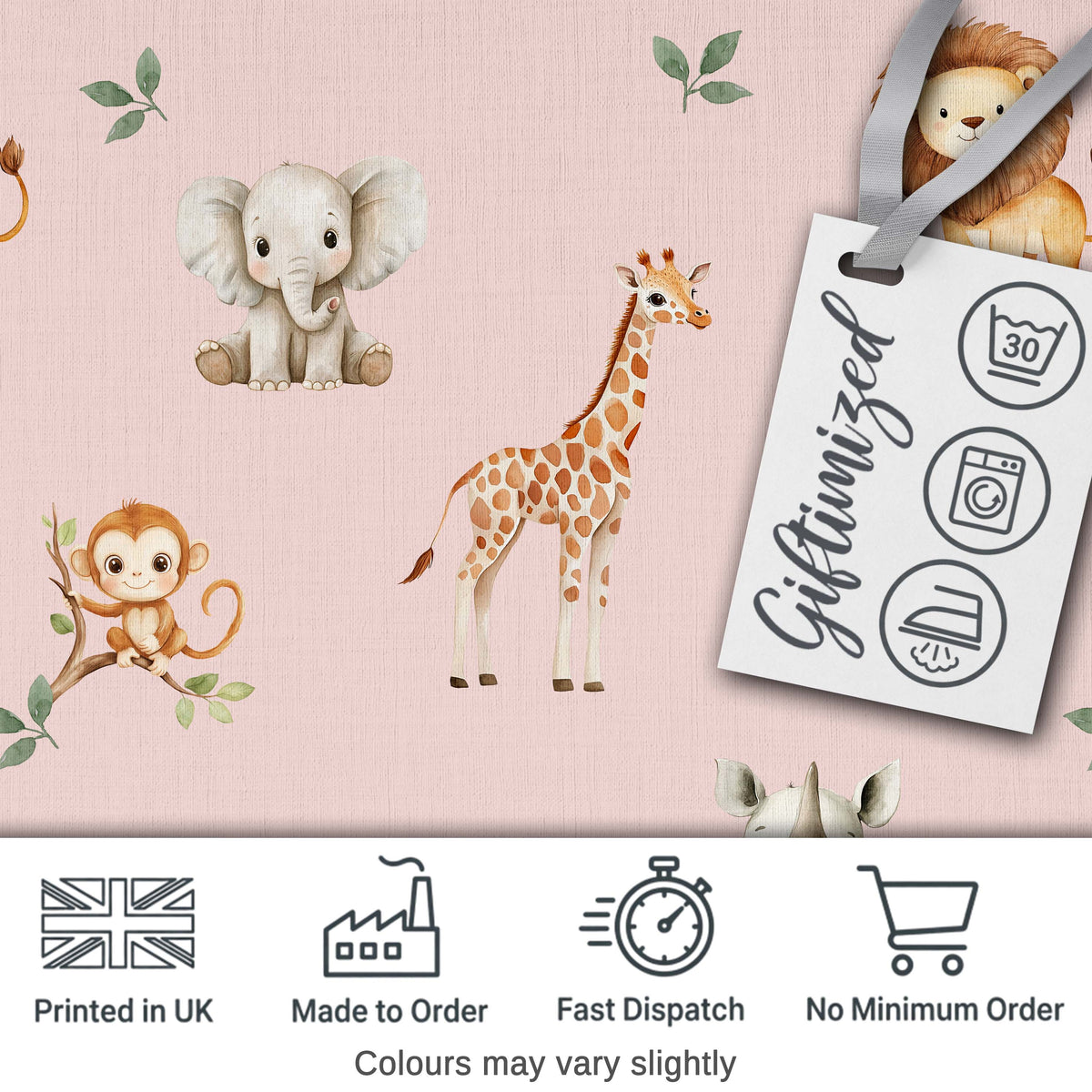 Safari Animals with Elephant Lion and Crocodile on Blush Pink Background Digital Print Fabric by the Metre UK Sewing Quilting Textile