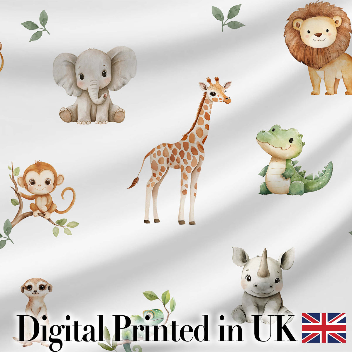 Safari Animals with Elephant Lion and Crocodile on Light Grey Background Digital Print Fabric by the Metre UK Sewing Quilting Textile