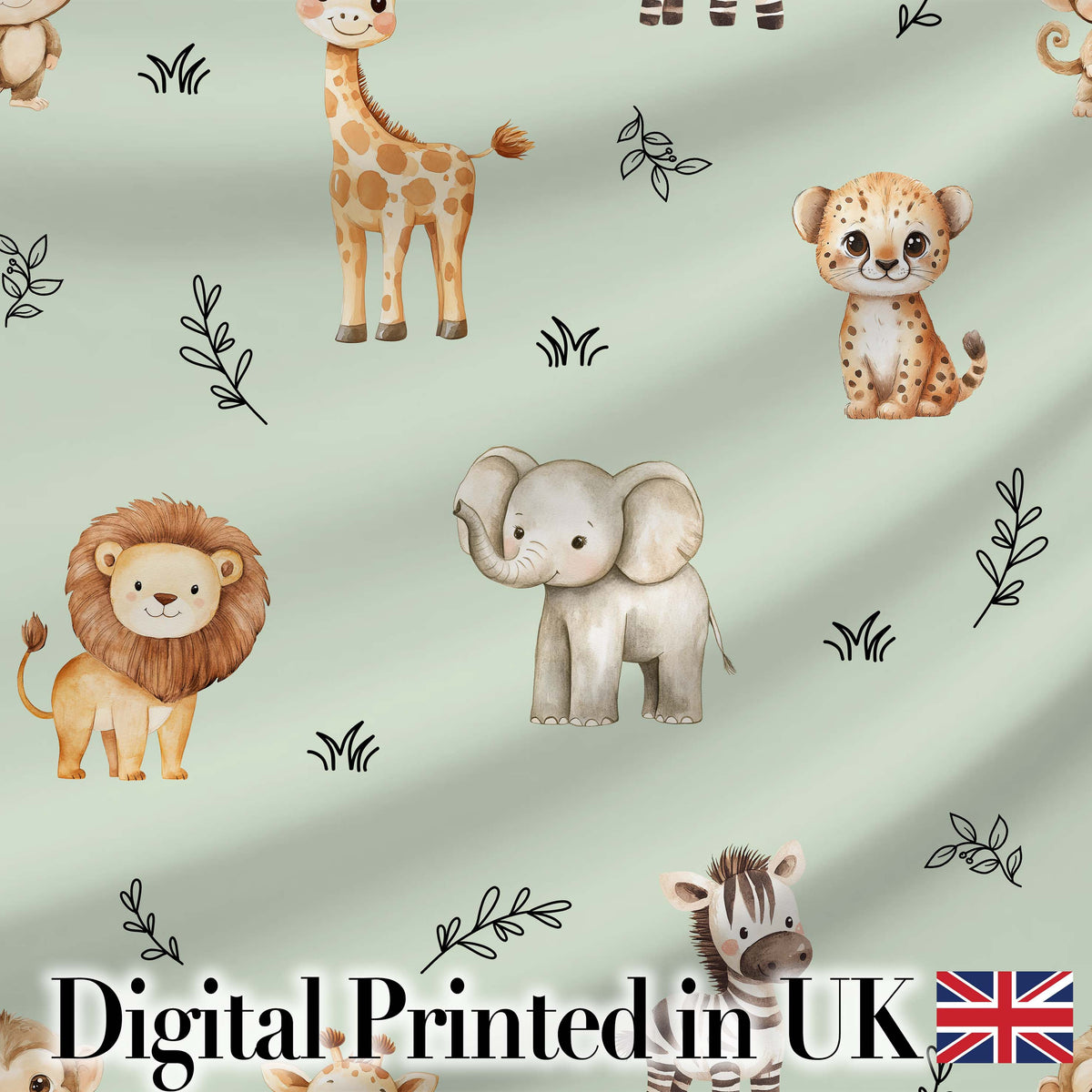 Safari Animals with Elephant Lion and Leopard Cub Soft Sage Green Background Digital Print Fabric by the Metre UK Sewing Quilting Textile