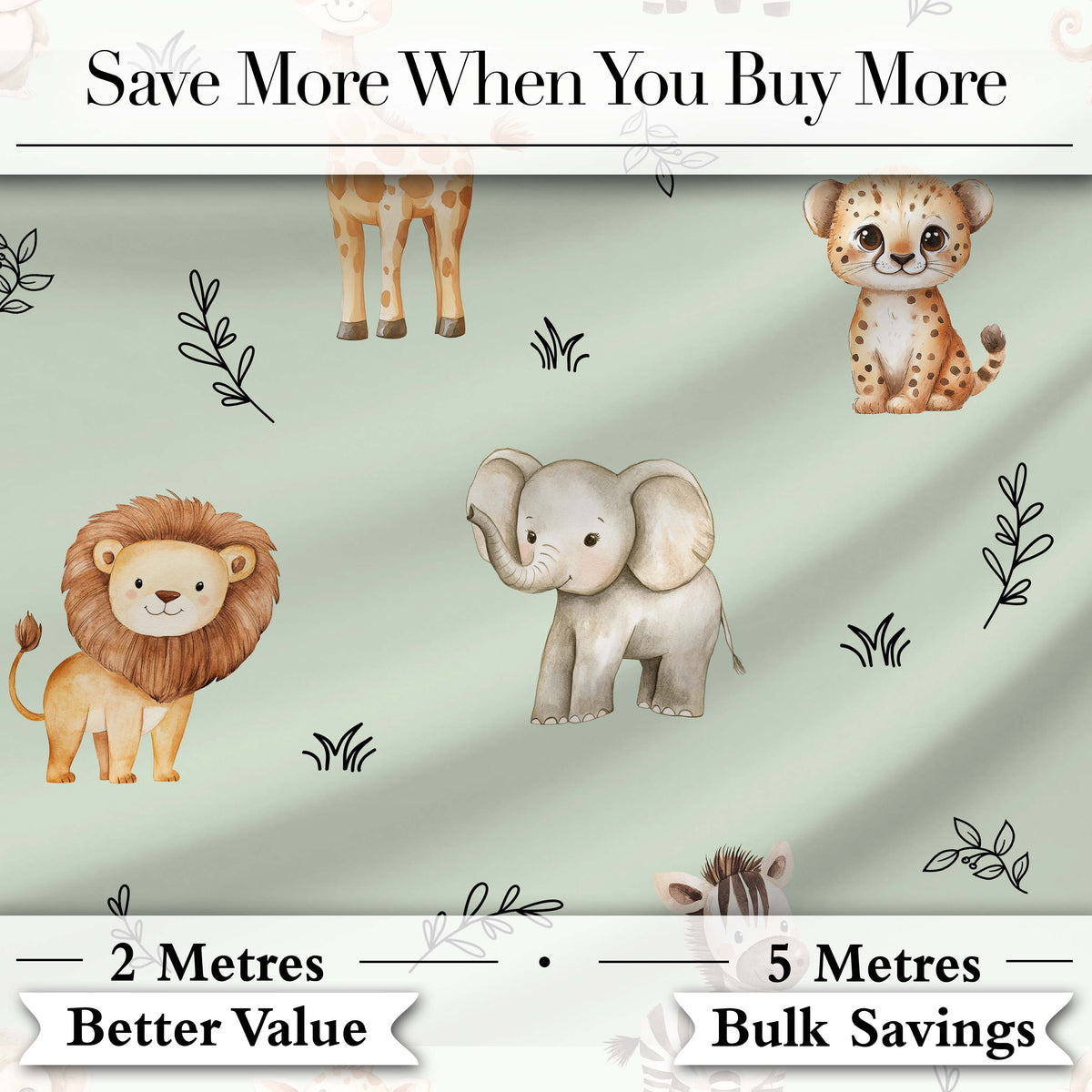 Safari Animals with Elephant Lion and Leopard Cub Soft Sage Green Background Digital Print Fabric by the Metre UK Sewing Quilting Textile