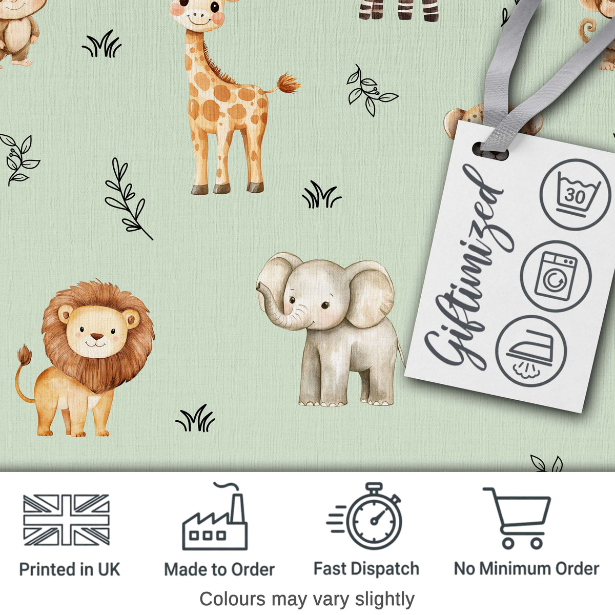 Safari Animals with Elephant Lion and Leopard Cub Soft Sage Green Background Digital Print Fabric by the Metre UK Sewing Quilting Textile