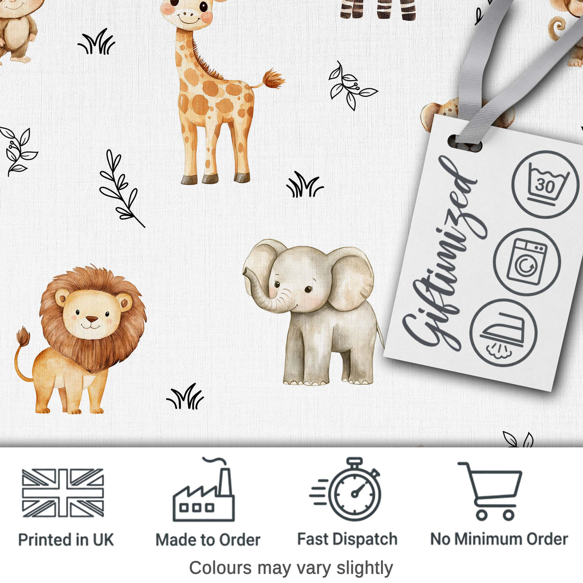 Safari Animals with Elephant Lion and Leopard on Light Grey Background Digital Print Fabric by the Metre UK Sewing Quilting Textile