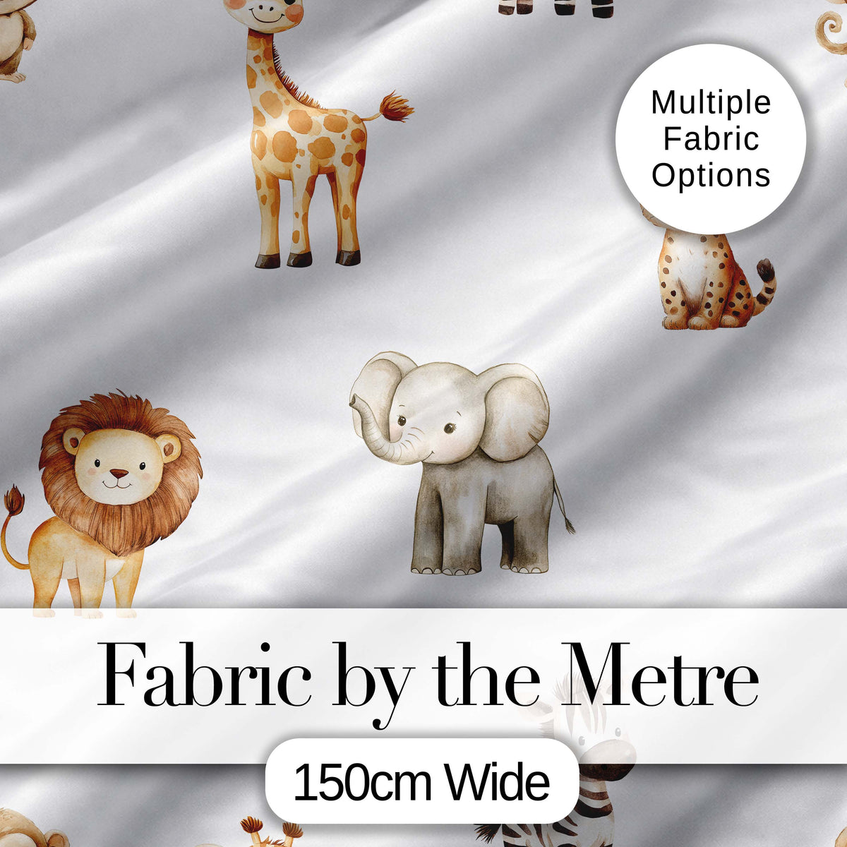 Safari Animals with Elephant Lion and Leopard Cub on Light Grey Background Digital Print Fabric by the Metre UK Sewing Quilting Textile