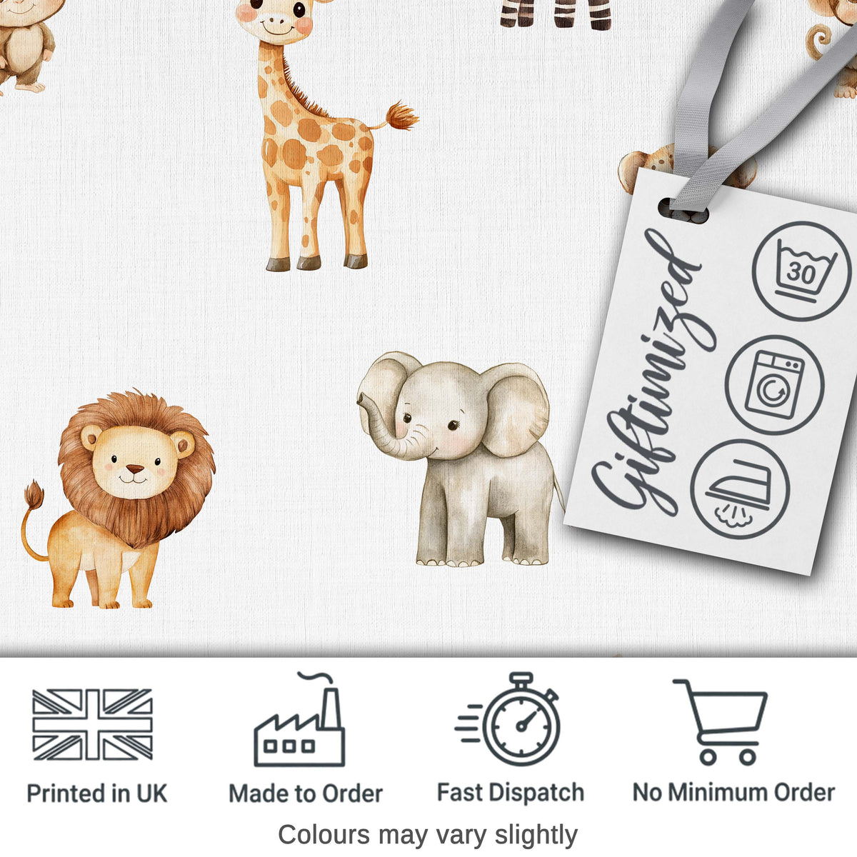 Safari Animals with Elephant Lion and Leopard Cub on Light Grey Background Digital Print Fabric by the Metre UK Sewing Quilting Textile