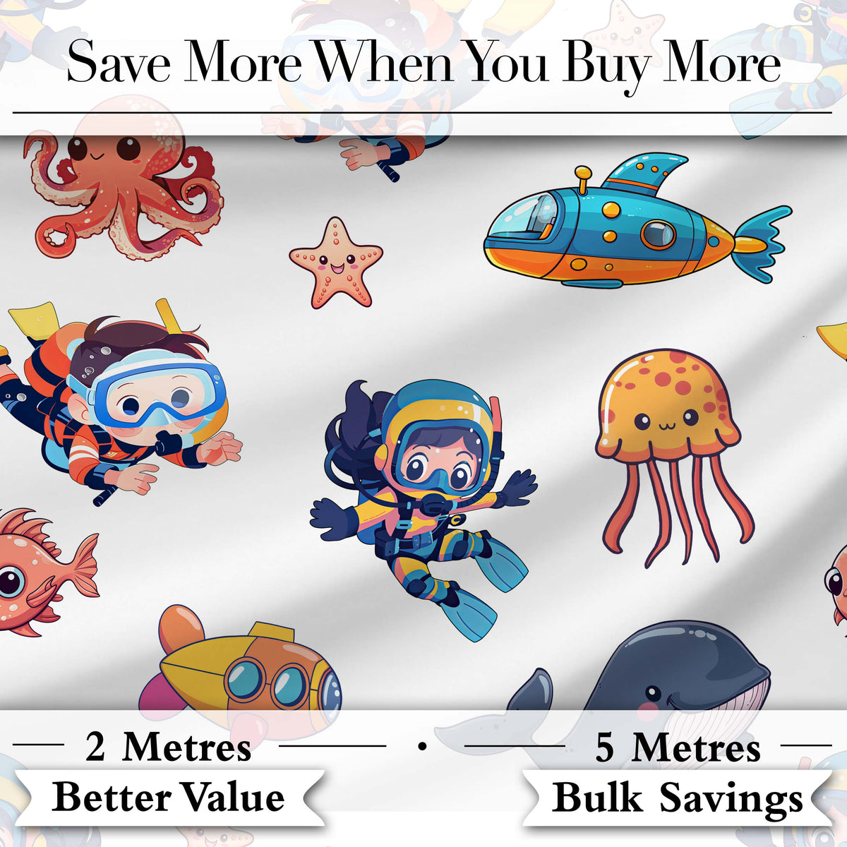 Underwater with Scuba Divers Starfish and Whale on Clean White Background Digital Print Fabric by the Metre UK Sewing Quilting Textile