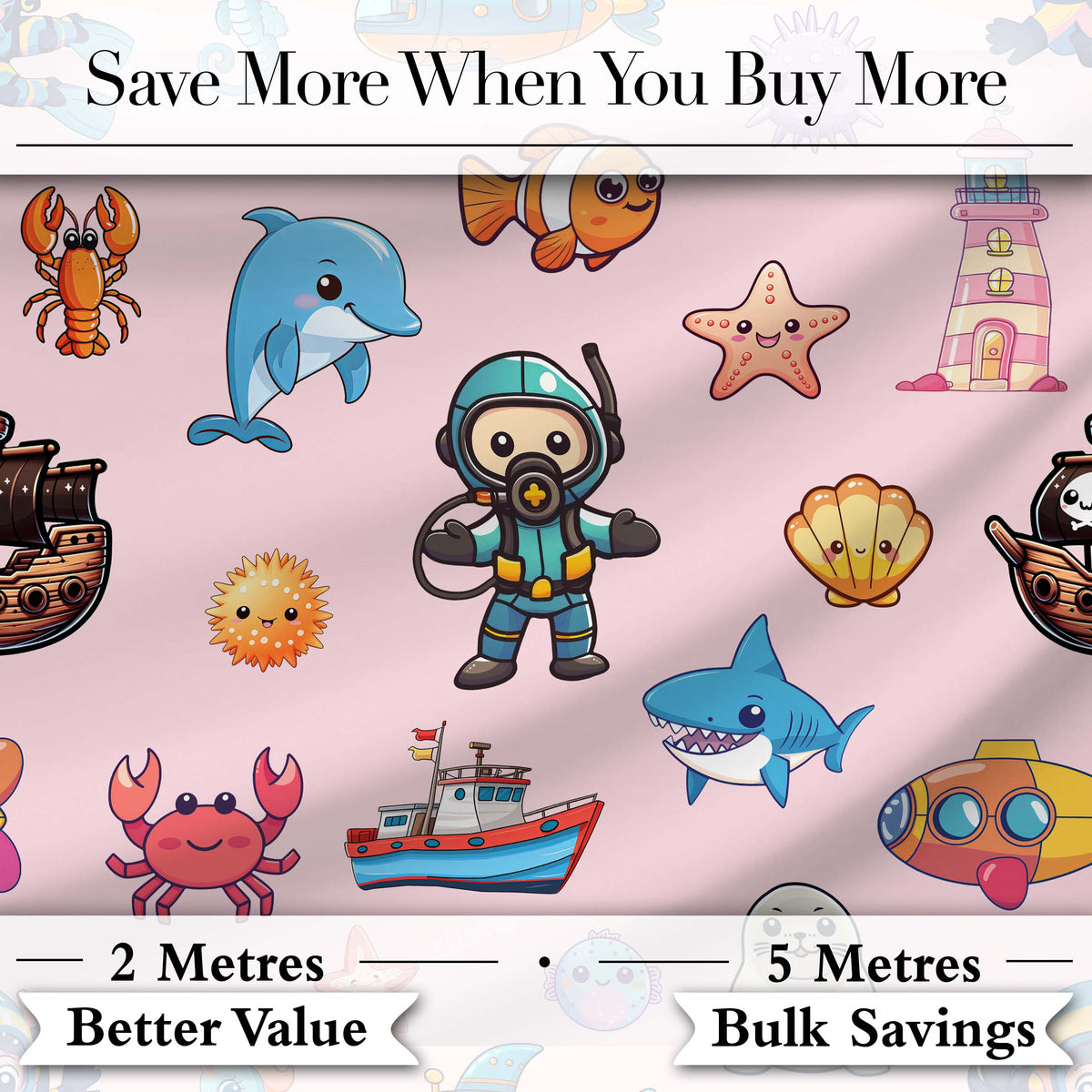 Cartoon Ocean with various sea CreaturesSea Creatures on Blush Pink Background Digital Print Fabric by the Metre UK Sewing Quilting Textile