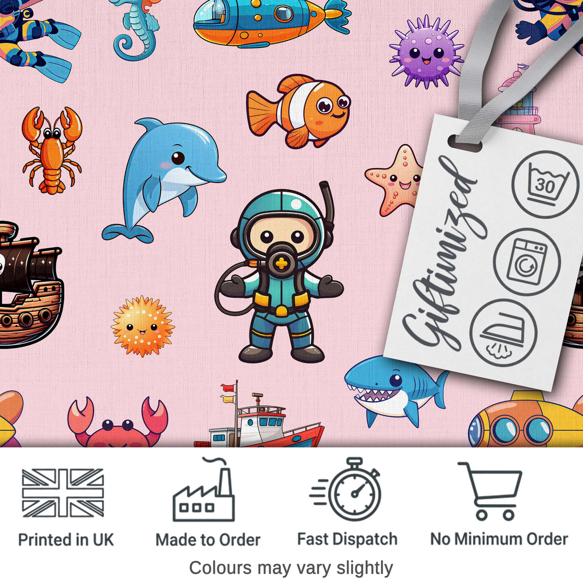 Cartoon Ocean with various sea CreaturesSea Creatures on Blush Pink Background Digital Print Fabric by the Metre UK Sewing Quilting Textile