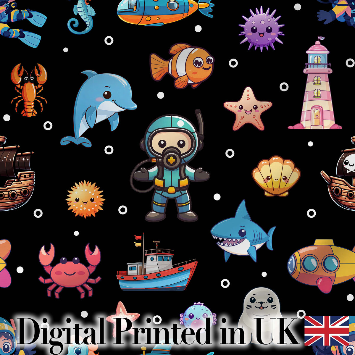 Cartoon Ocean with Various Sea Creatures on Black Bubble Background Digital Print Fabric by the Metre UK Sewing Quilting Textile