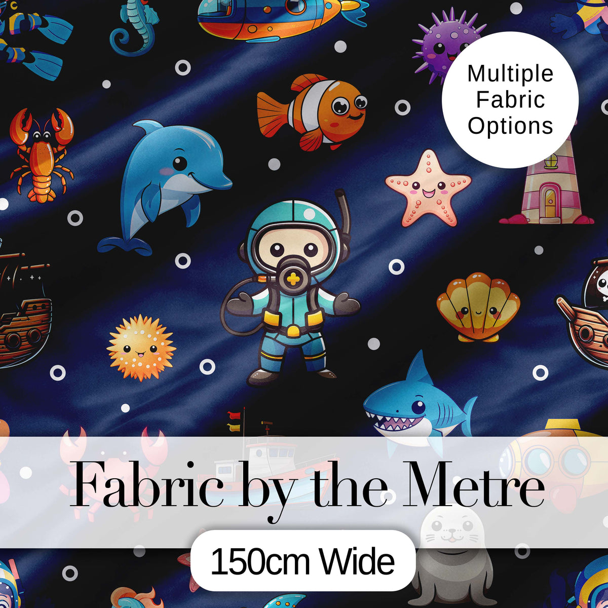 Cartoon Ocean with Various Sea Creatures on Deep Navy Background Digital Print Fabric by the Metre UK Sewing Quilting Textile