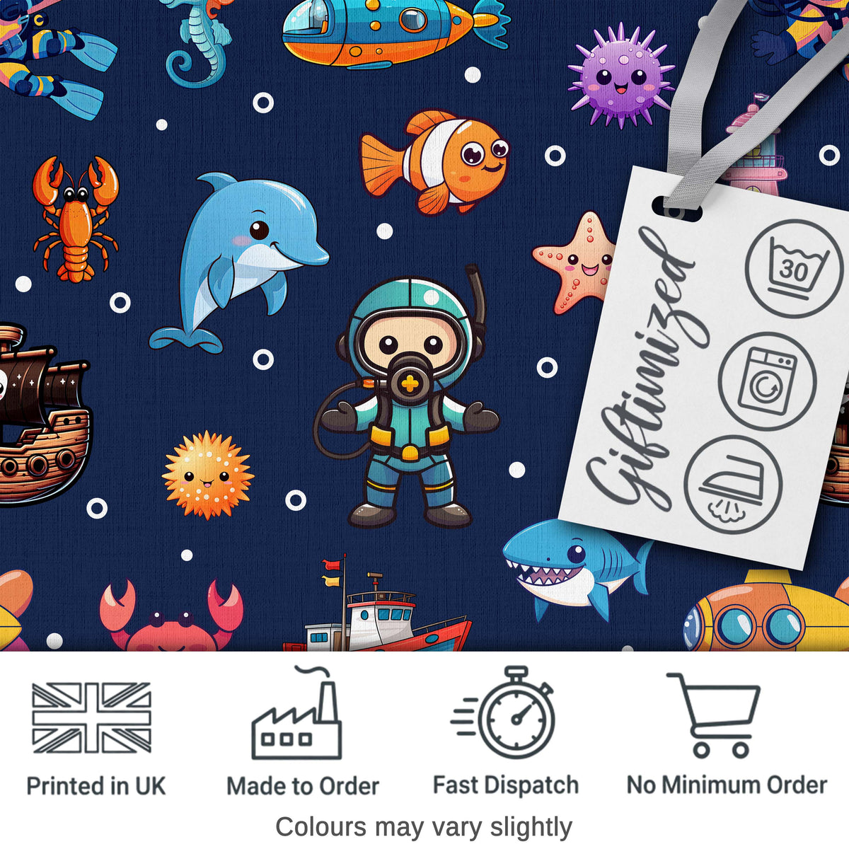 Cartoon Ocean with Various Sea Creatures on Deep Navy Background Digital Print Fabric by the Metre UK Sewing Quilting Textile