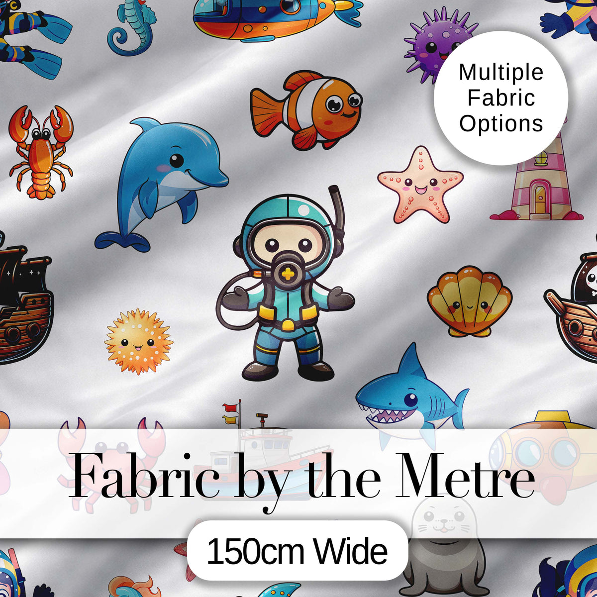 Cartoon Ocean with Various Sea Creatures on Light Grey Background Digital Print Fabric by the Metre UK Sewing Quilting Textile