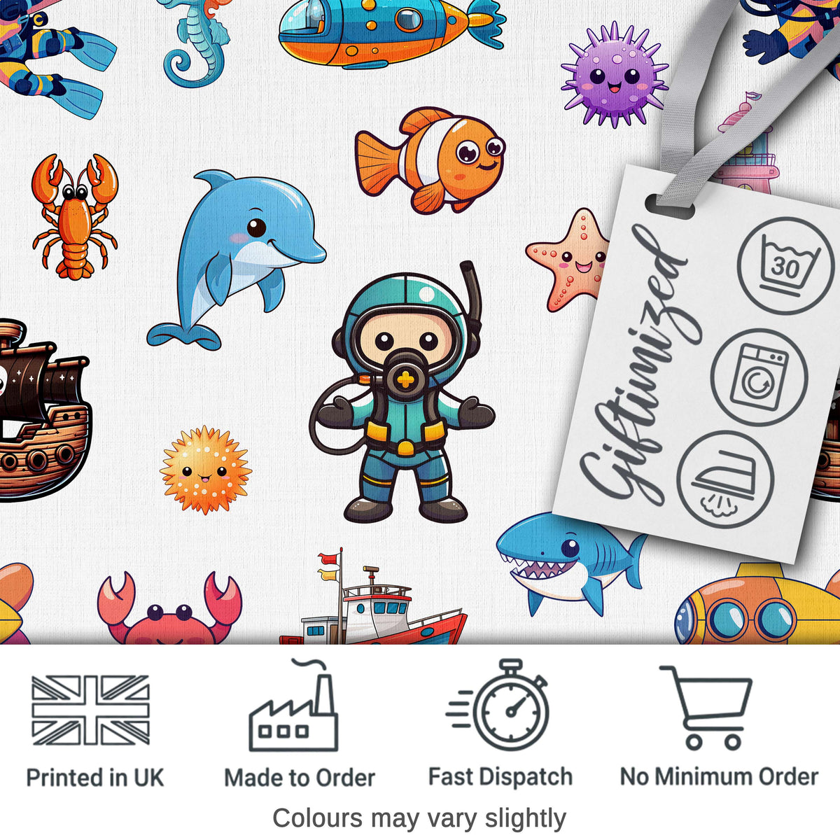 Cartoon Ocean with Various Sea Creatures on Light Grey Background Digital Print Fabric by the Metre UK Sewing Quilting Textile