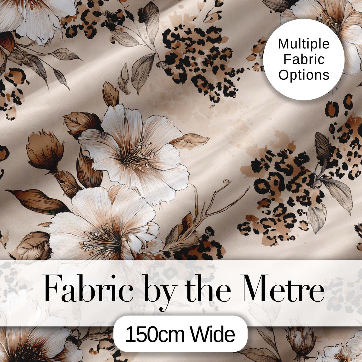 Elegant Beige Floral with Vintage Flowers and Leopard Print Aesthetic Design Digital Print Fabric by the Metre UK Sewing Quilting Textile