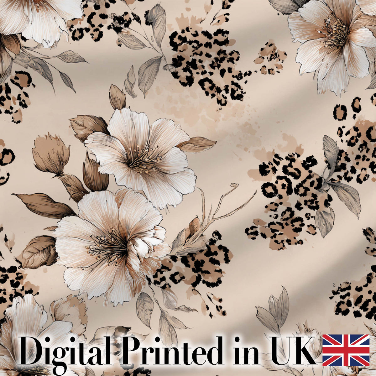 Elegant Beige Floral with Vintage Flowers and Leopard Print Aesthetic Design Digital Print Fabric by the Metre UK Sewing Quilting Textile