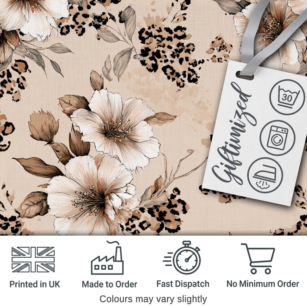 Elegant Beige Floral with Vintage Flowers and Leopard Print Aesthetic Design Digital Print Fabric by the Metre UK Sewing Quilting Textile