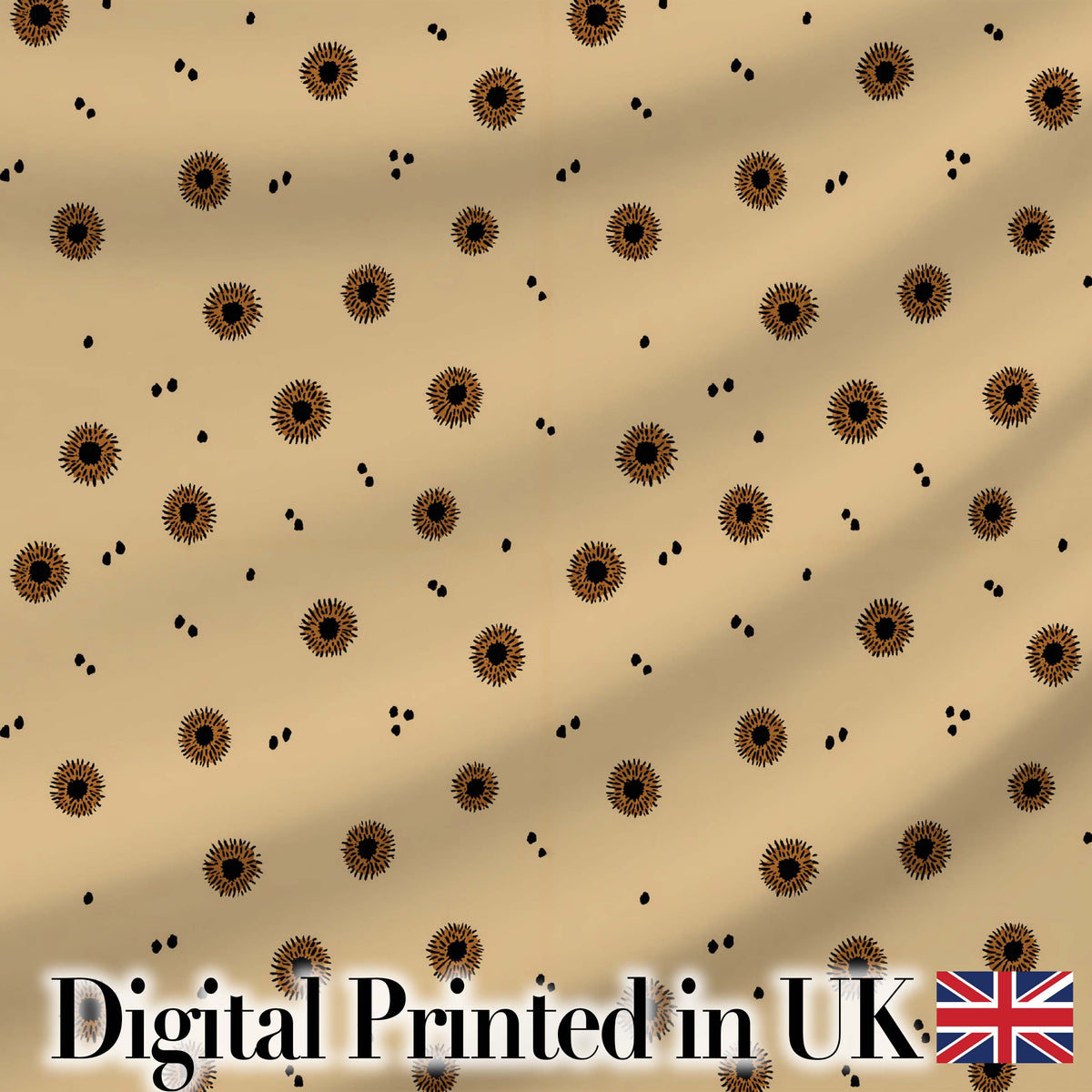 Minimal Tan Background with Small Black Floral Dots and Abstract Spots Design Digital Print Fabric by the Metre UK Sewing Quilting Textile