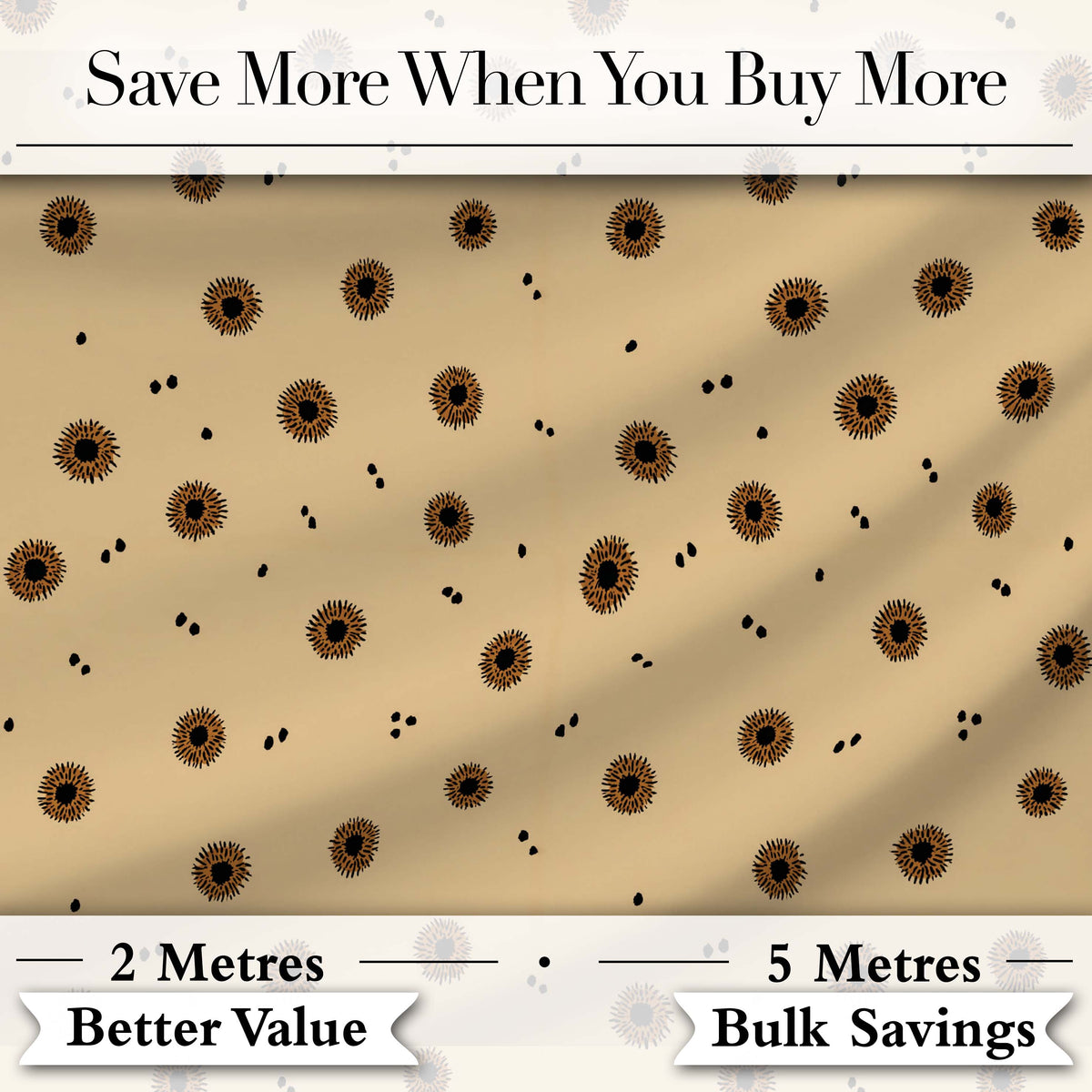 Minimal Tan Background with Small Black Floral Dots and Abstract Spots Design Digital Print Fabric by the Metre UK Sewing Quilting Textile