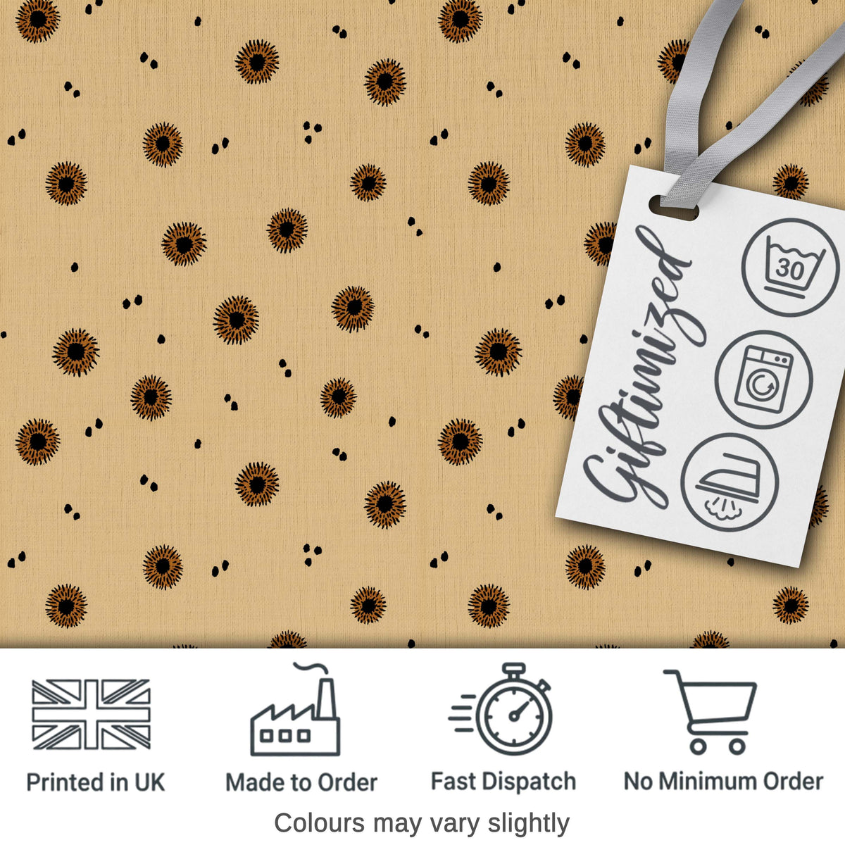 Minimal Tan Background with Small Black Floral Dots and Abstract Spots Design Digital Print Fabric by the Metre UK Sewing Quilting Textile