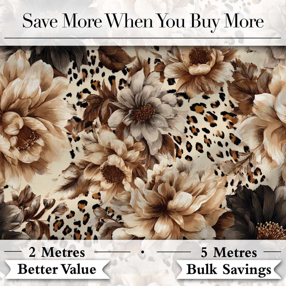 Neutral Floral with Large Vintage Flowers,Leopard Print in Beige Brown Tones Digital Print Fabric by the Metre UK Sewing Quilting Textile