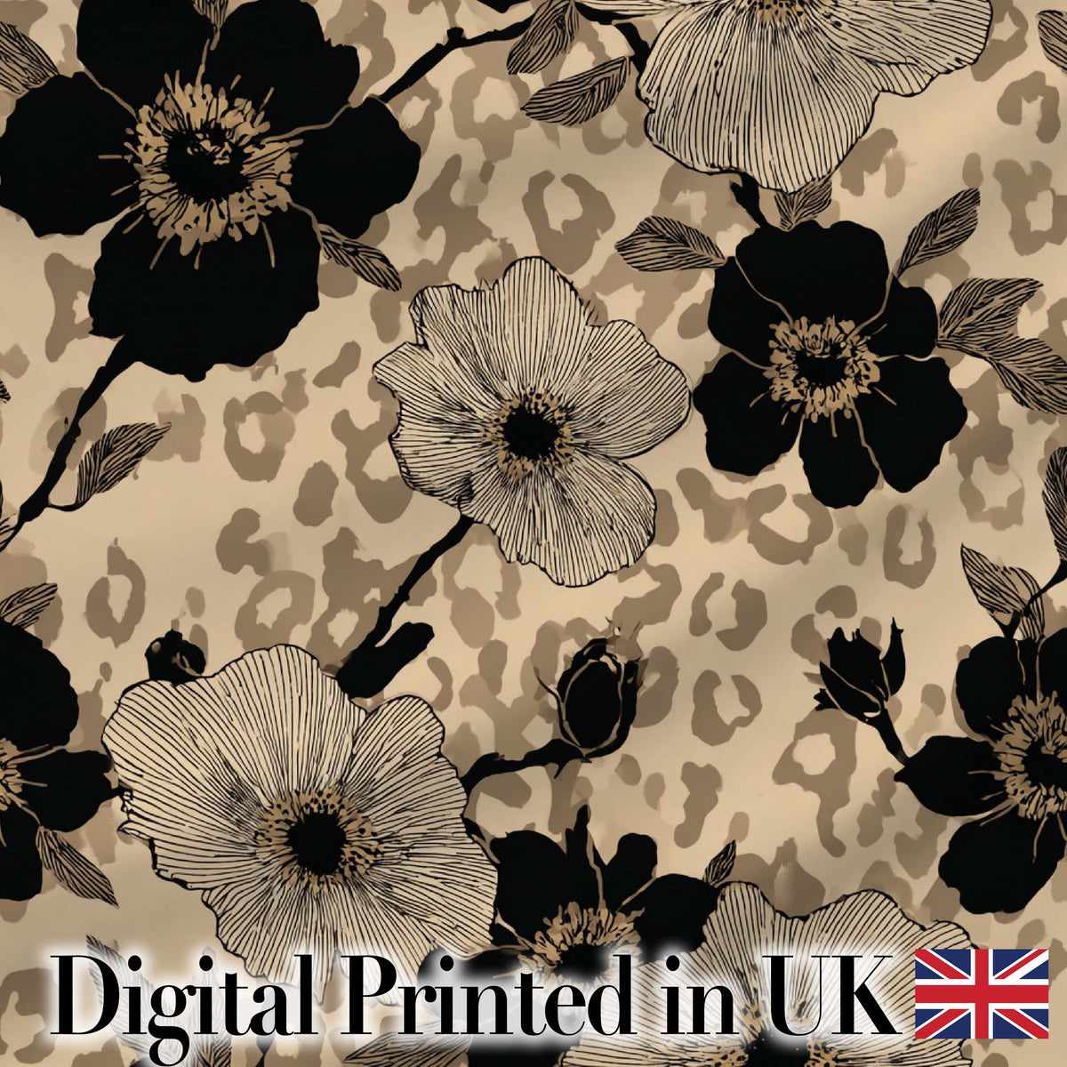 Monochrome Floral with Large Flowers and Subtle Leopard Print Background Digital Print Fabric by the Metre UK Sewing Quilting Textile