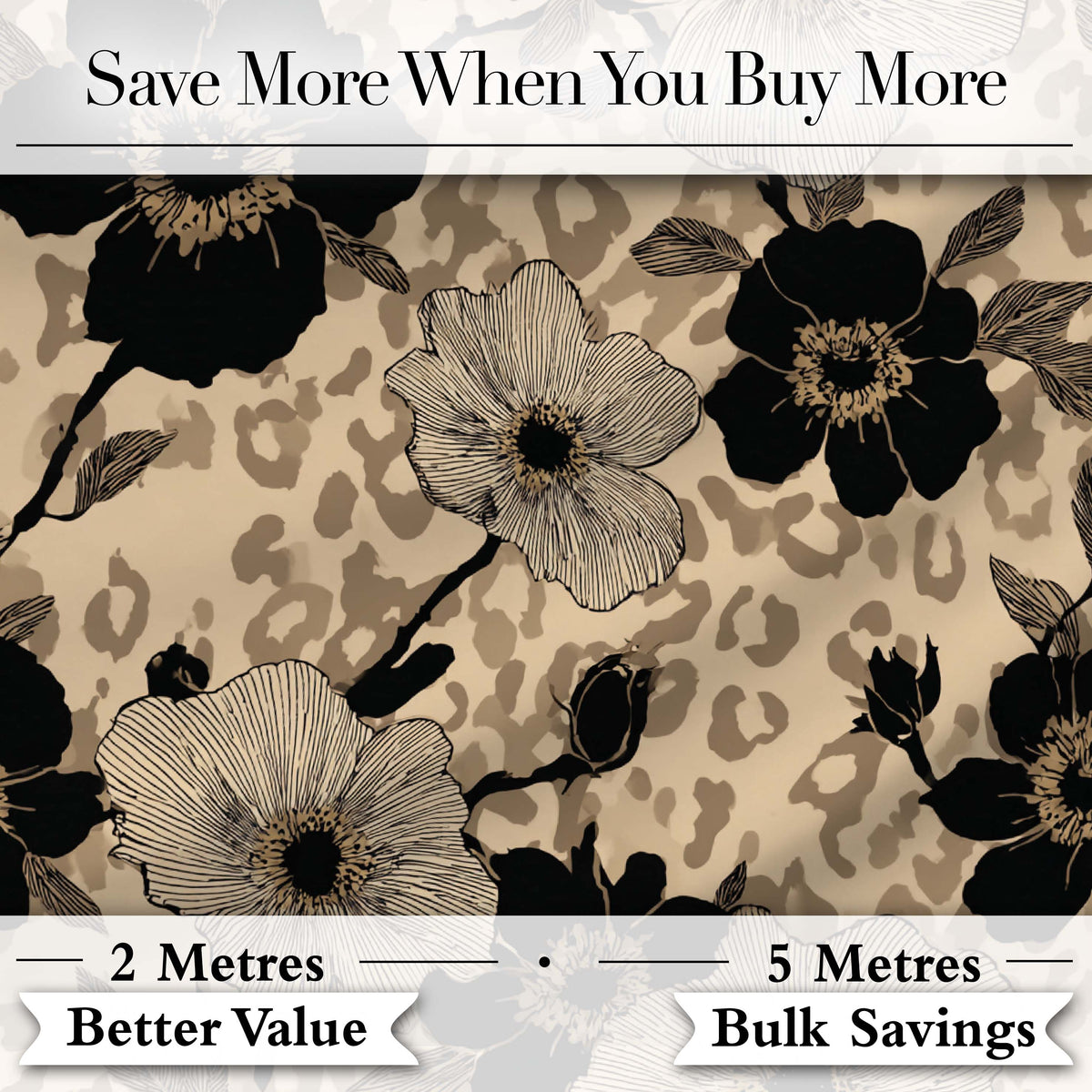 Monochrome Floral with Large Flowers and Subtle Leopard Print Background Digital Print Fabric by the Metre UK Sewing Quilting Textile