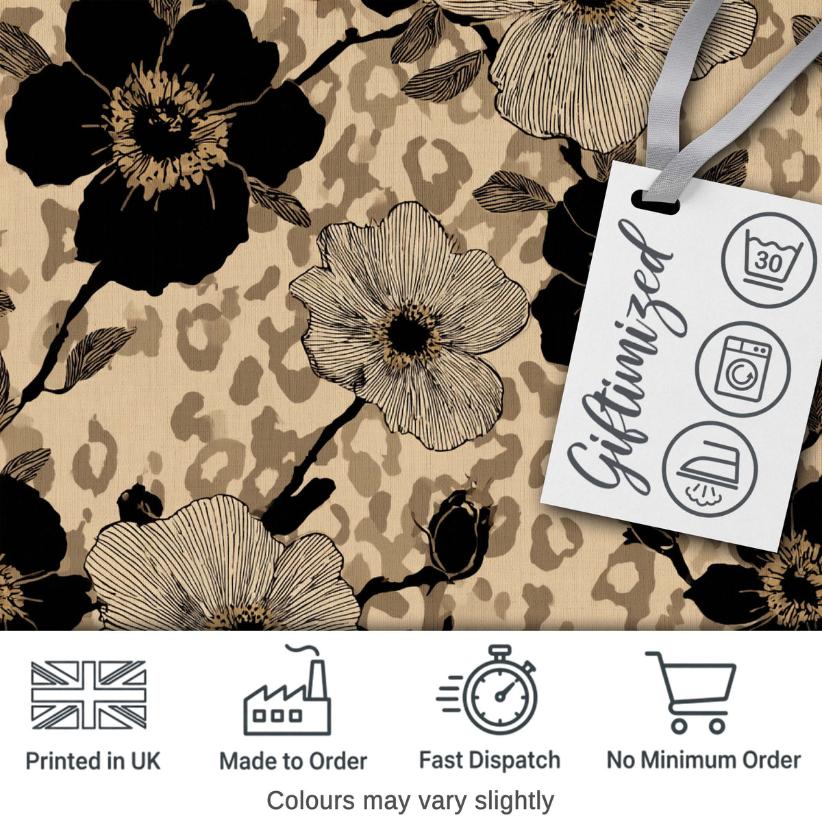 Monochrome Floral with Large Flowers and Subtle Leopard Print Background Digital Print Fabric by the Metre UK Sewing Quilting Textile