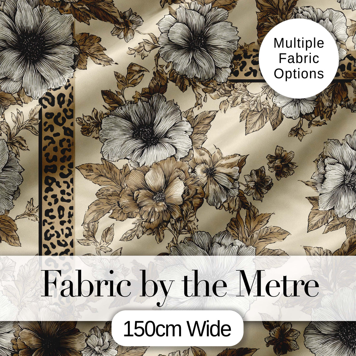 Vintage Neutral Floral Detailed Flowers and Leopard Print Panel Border Design Digital Print Fabric by the Metre UK Sewing Quilting Textile
