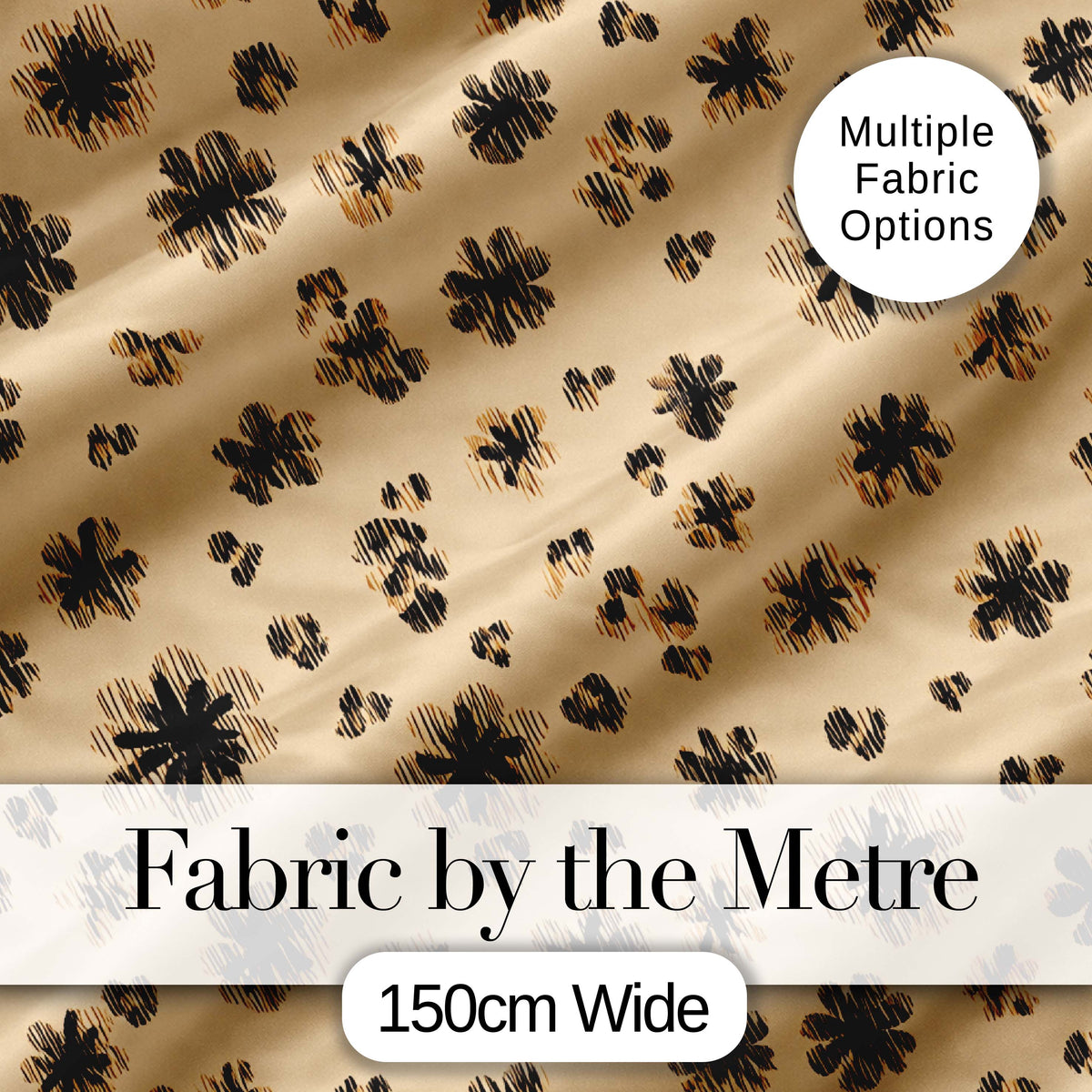 Abstract Leopard Spot and Floral Ditsy with Black Motifs Warm Beige Background Digital Print Fabric by the Metre UK Sewing Quilting Textile