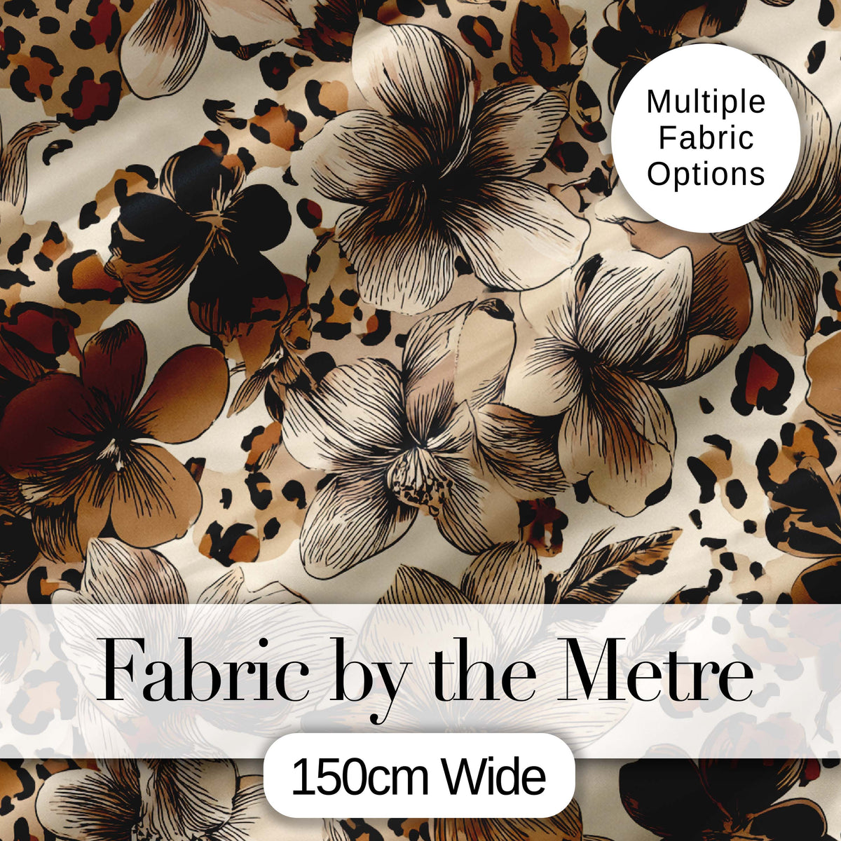 Elegant Neutral Floral and Leopard Print with Hand Drawn Botanical Details Digital Print Fabric by the Metre UK Sewing Quilting Textile