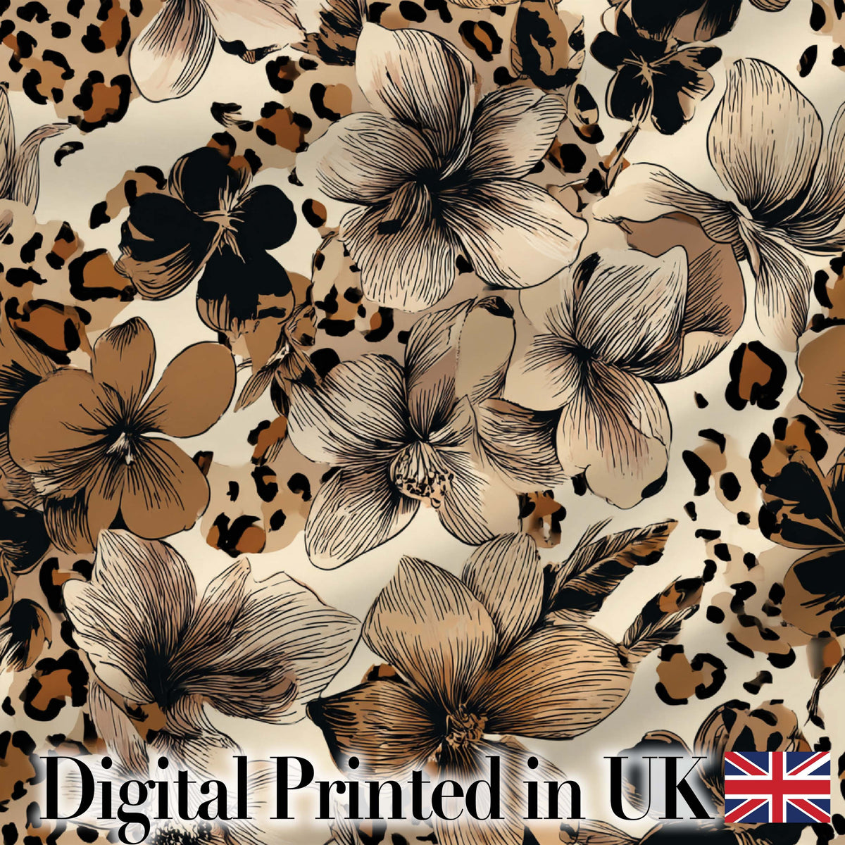 Elegant Neutral Floral and Leopard Print with Hand Drawn Botanical Details Digital Print Fabric by the Metre UK Sewing Quilting Textile
