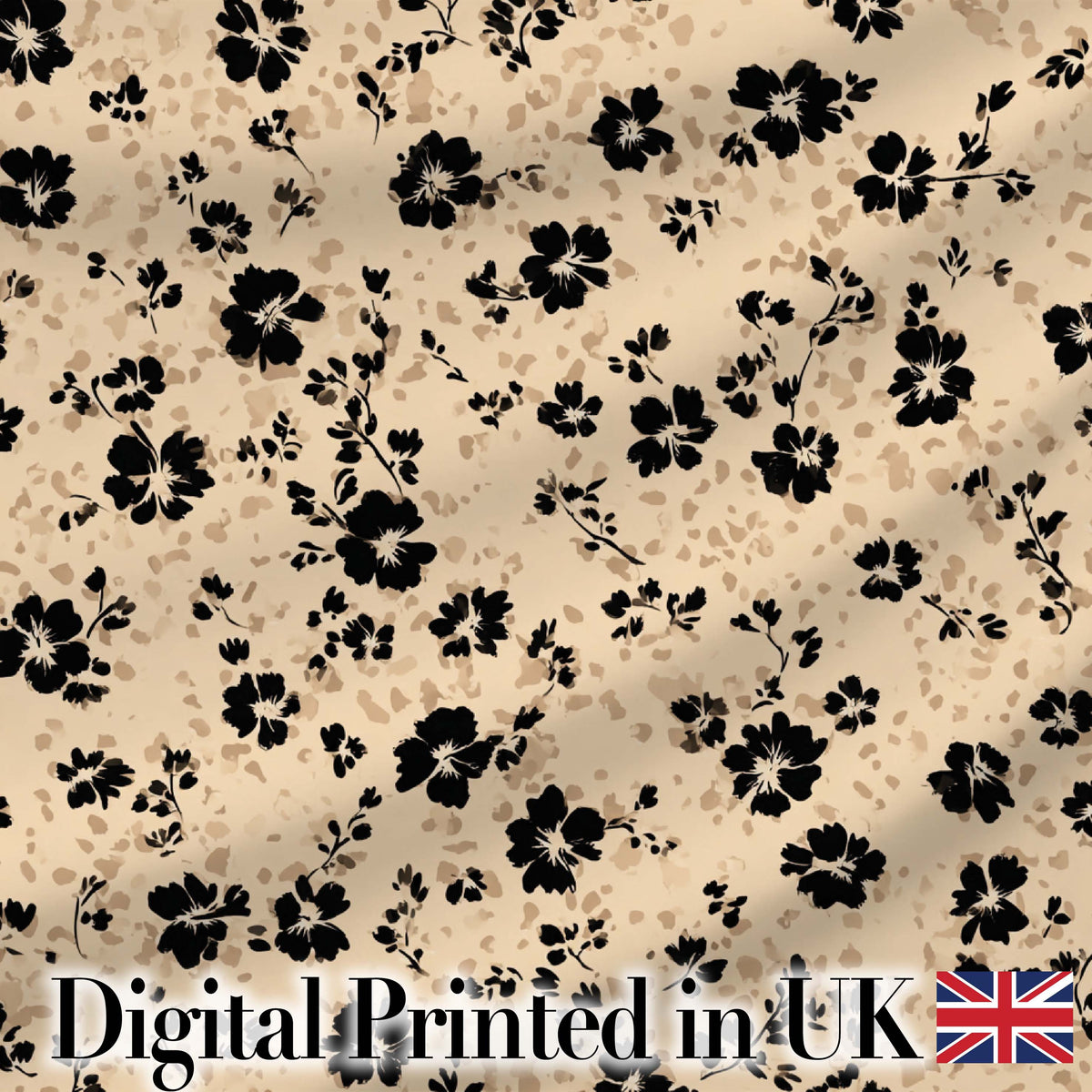 Ditsy Black Floral on Soft Beige Background with Subtle Animal Print Texture Digital Print Fabric by the Metre UK Sewing Quilting Textile