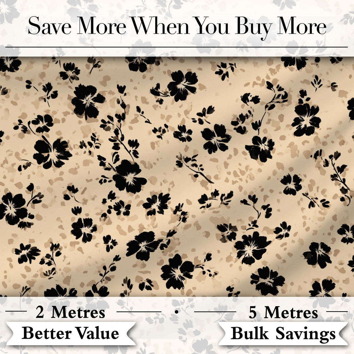 Ditsy Black Floral on Soft Beige Background with Subtle Animal Print Texture Digital Print Fabric by the Metre UK Sewing Quilting Textile
