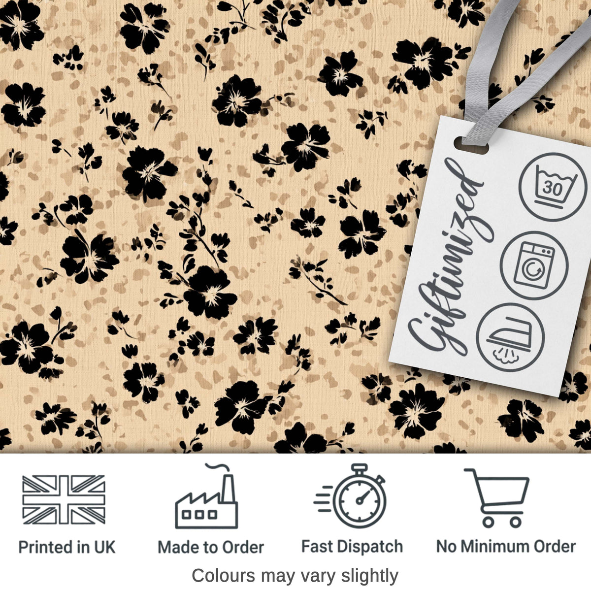 Ditsy Black Floral on Soft Beige Background with Subtle Animal Print Texture Digital Print Fabric by the Metre UK Sewing Quilting Textile