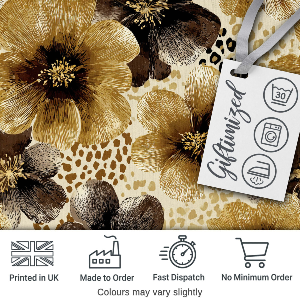 Warm Gold and Brown Floral with Abstract Leopard Spots Textile Design Digital Print Fabric by the Metre UK Sewing Quilting Textile
