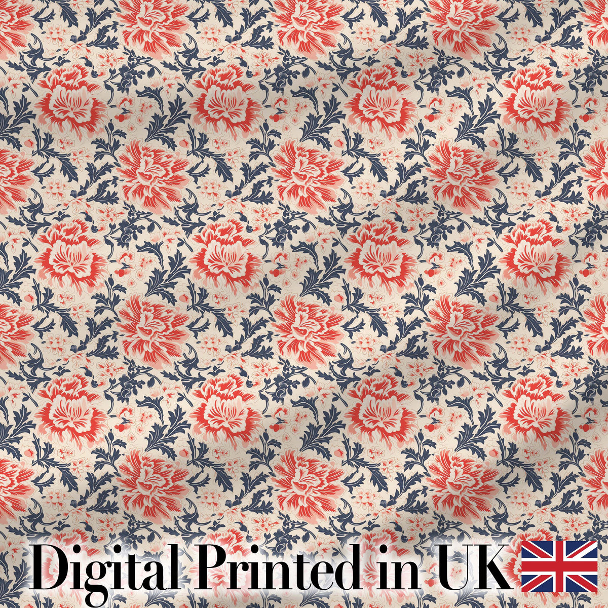 Classic Red Floral Botanical Navy Blue Leaves on Beige Background Vintage Style Digital Print Fabric by the Metre UK Sewing Quilting Textile