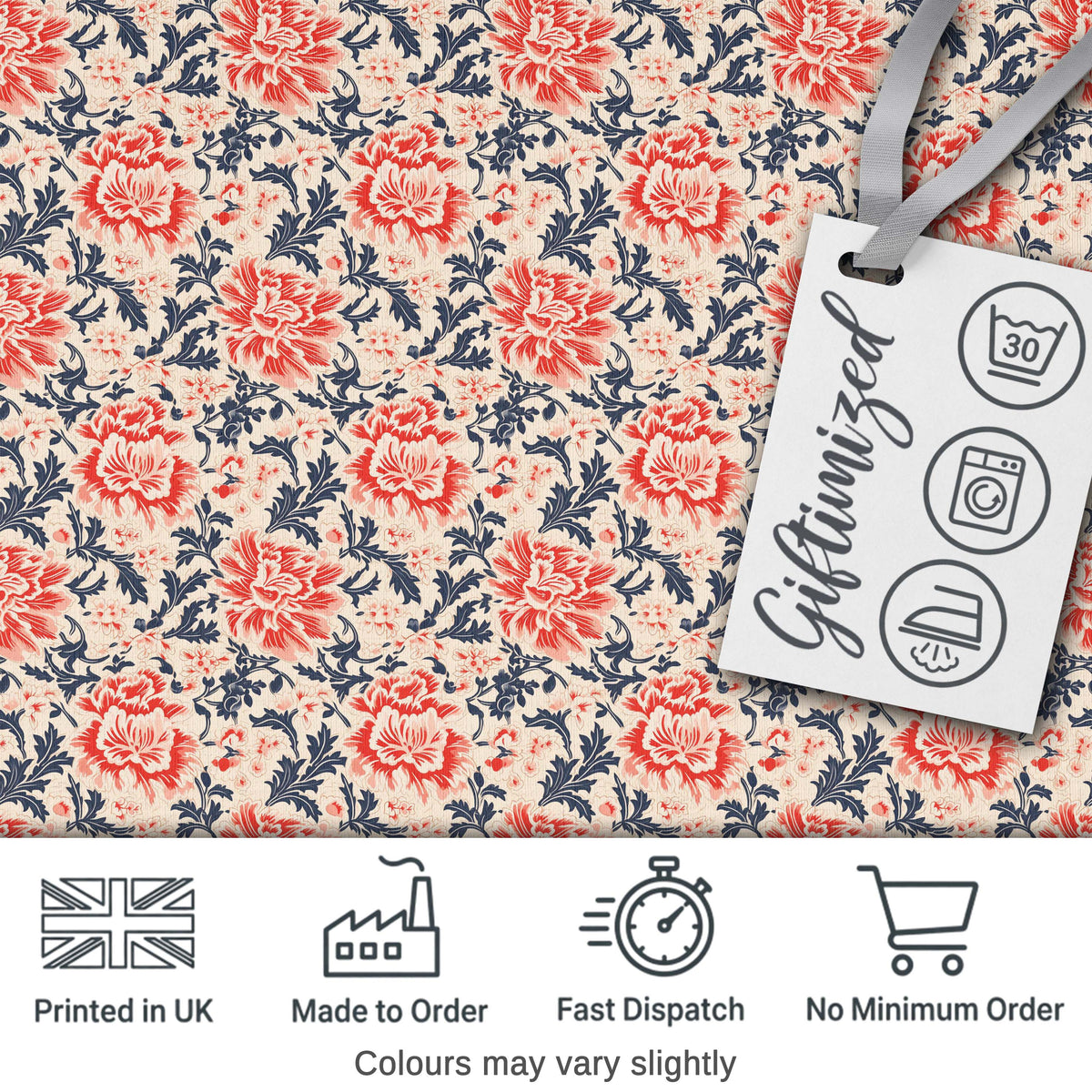 Classic Red Floral Botanical Navy Blue Leaves on Beige Background Vintage Style Digital Print Fabric by the Metre UK Sewing Quilting Textile