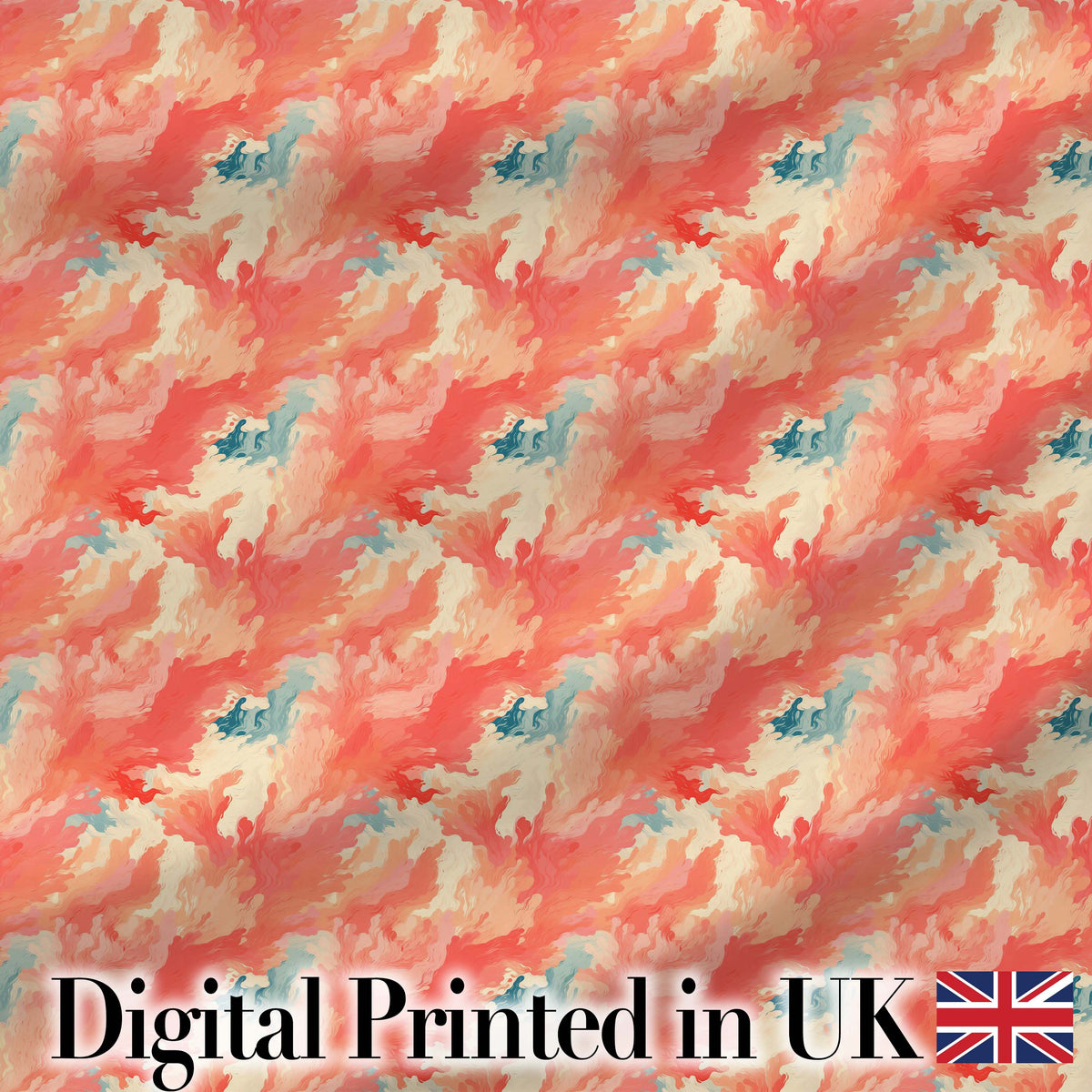Abstract Coral and Cream Fluid Art Seamless Pattern with Soft Blue Accents Digital Print Fabric by the Metre UK Sewing Quilting Textile