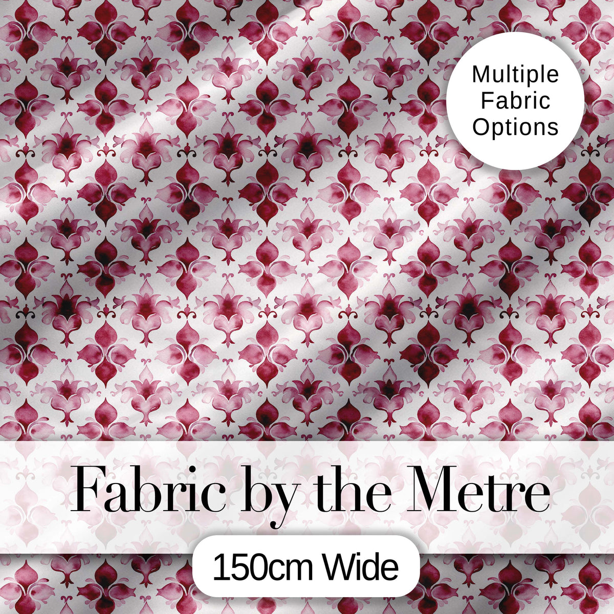 Watercolour Burgundy Damask Motif Repeat on Light Background Elegant Style Digital Print Fabric by the Metre UK Sewing Quilting Textile