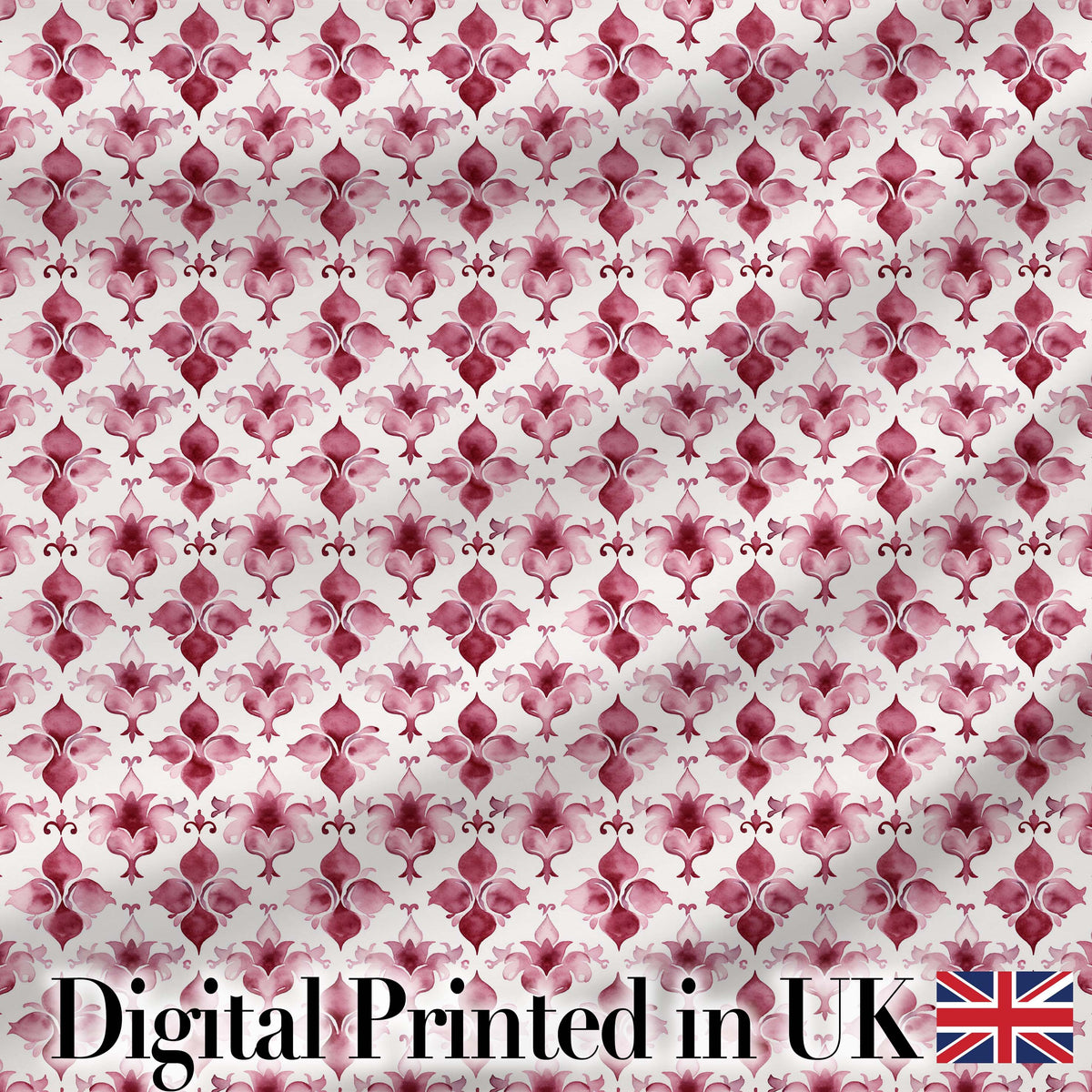 Watercolour Burgundy Damask Motif Repeat on Light Background Elegant Style Digital Print Fabric by the Metre UK Sewing Quilting Textile