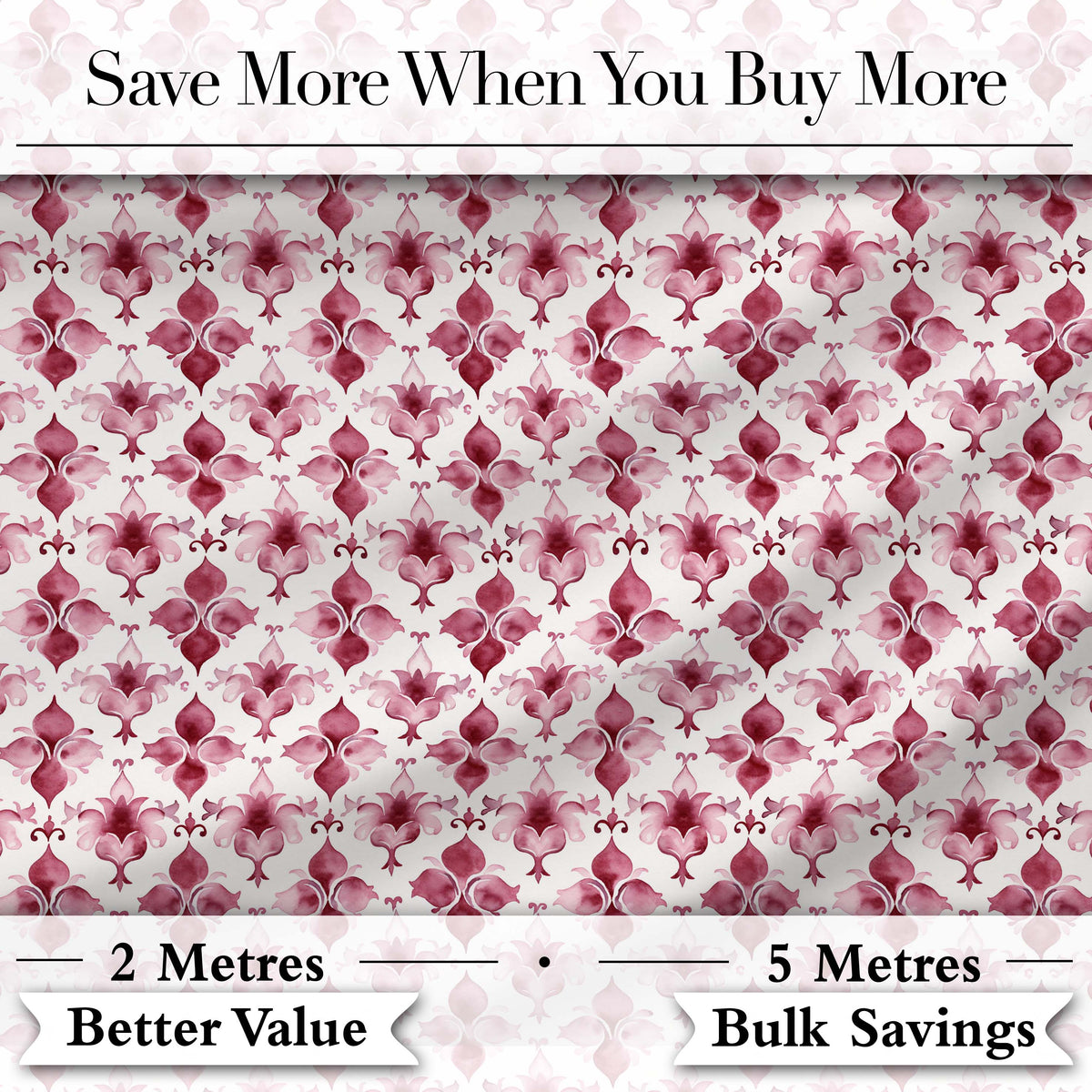 Watercolour Burgundy Damask Motif Repeat on Light Background Elegant Style Digital Print Fabric by the Metre UK Sewing Quilting Textile