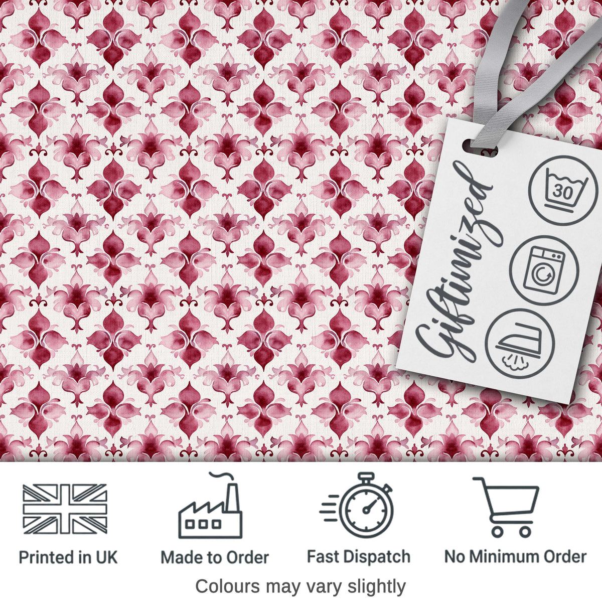 Watercolour Burgundy Damask Motif Repeat on Light Background Elegant Style Digital Print Fabric by the Metre UK Sewing Quilting Textile