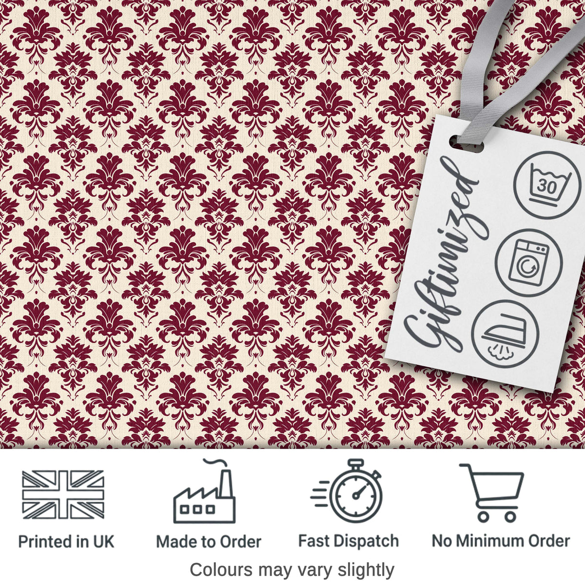 Classic Burgundy Damask Repeat Cream Background Traditional Ornamental Style Digital Print Fabric by the Metre UK Sewing Quilting Textile