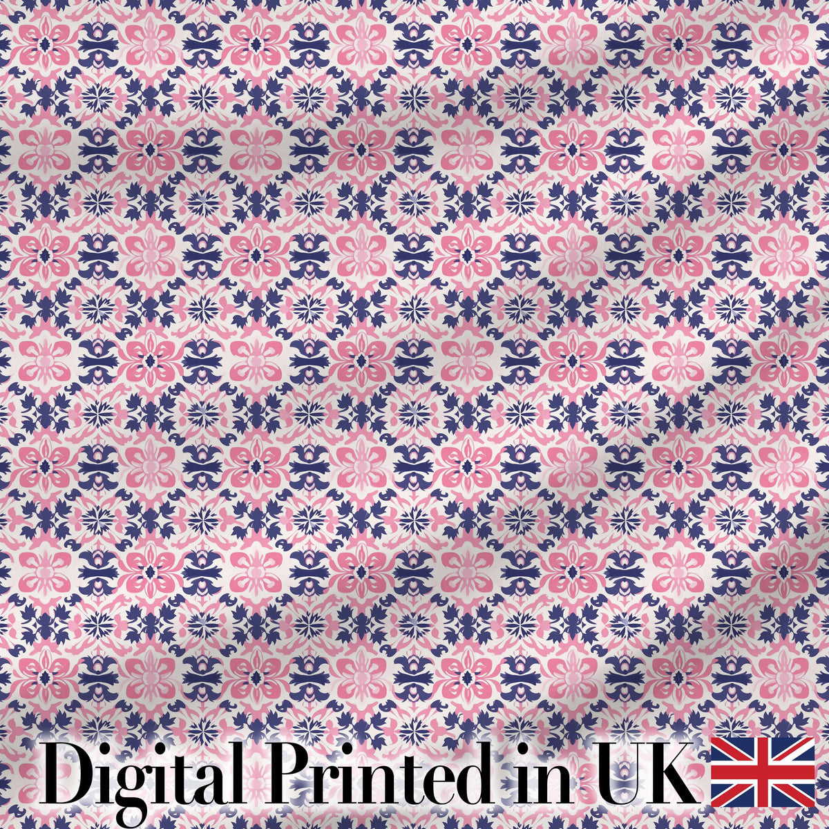 Floral Geometric in Pink and Navy Symmetrical Design Digital Print Fabric by the Metre UK Sewing Quilting Textile