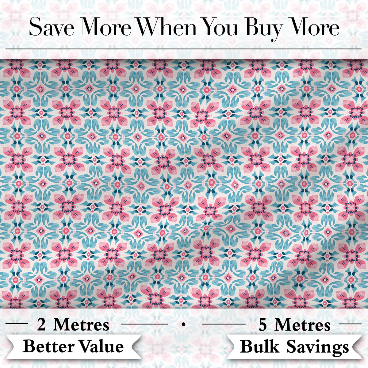 Vintage Floral Tile in Soft Pink and Blue Symmetrical Design Digital Print Fabric by the Metre UK Sewing Quilting Textile