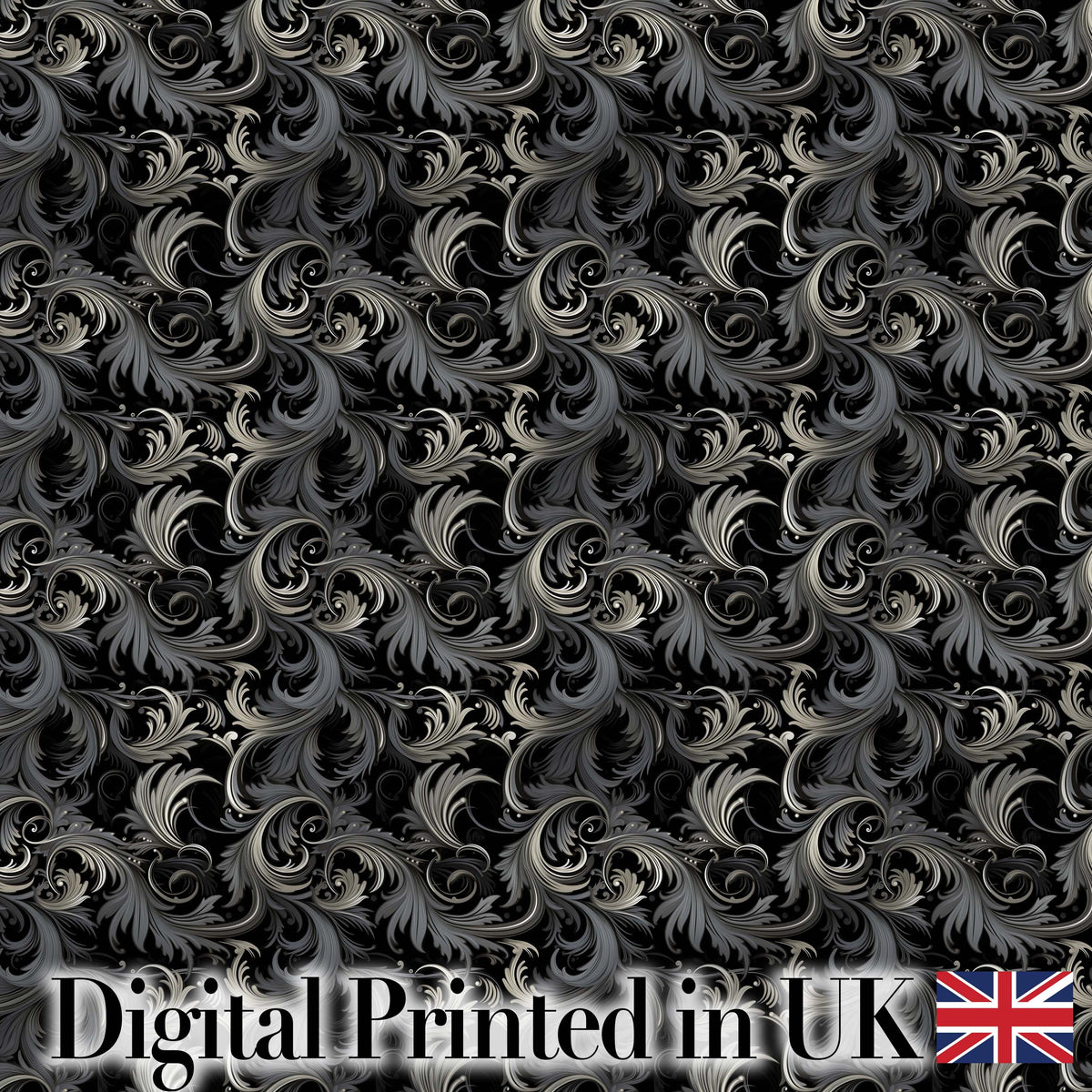 Luxury Dark Baroque Floral in Black and Silver Ornate Swirl Design Digital Print Fabric by the Metre UK Sewing Quilting Textile