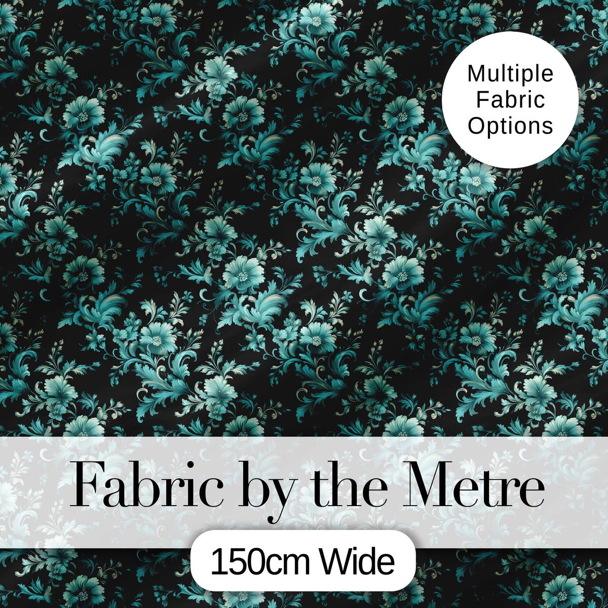 Dark Teal Floral Damask Pattern with Ornate Botanical Details Seamless Design Digital Print Fabric by the Metre UK Sewing Quilting Textile